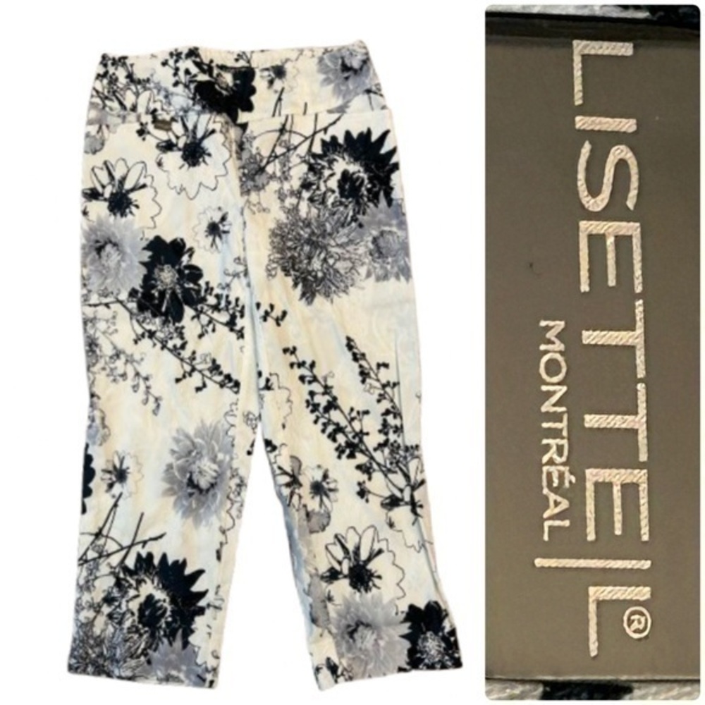 LISETTE Navy and White Capris with Abstract Floral Print. Stretch. Pockets.